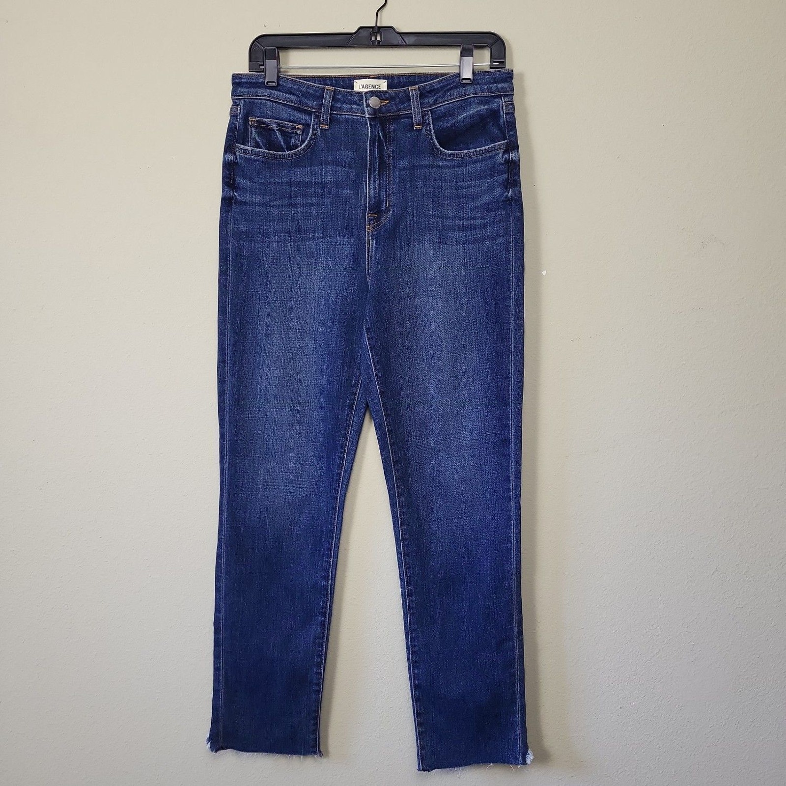 L'agence Womens Blue Regular Fit Medium Wash Raw Hem Denim Straight Jeans Sz 30